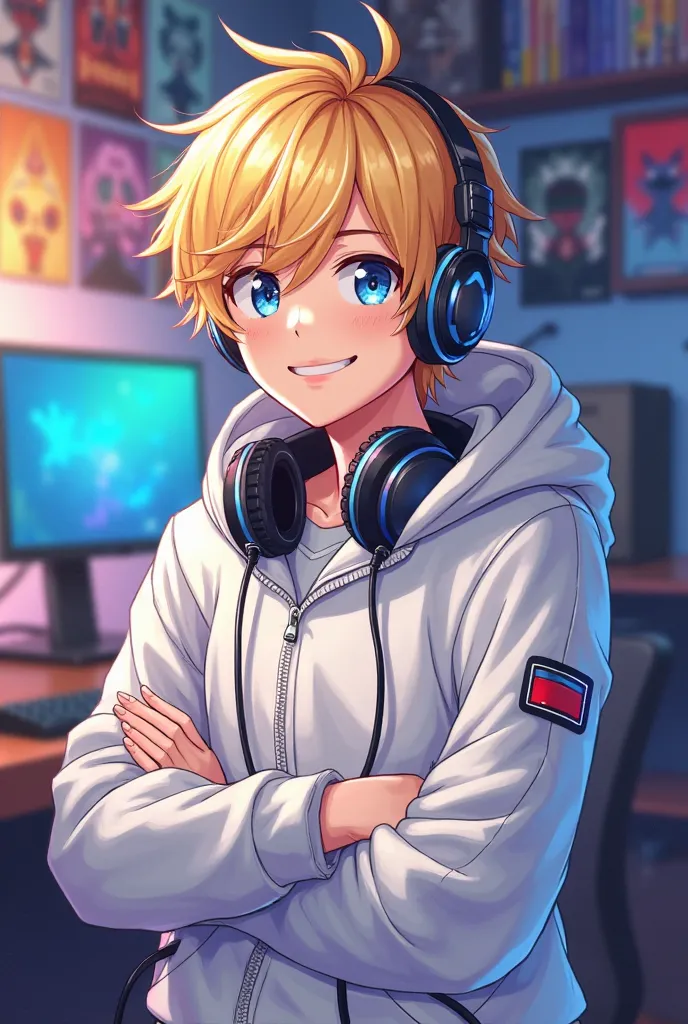 Make the image of a male anime character Cartoon blond with blue eyes, wearing a white windbreaker, And white headphones,smiling, gamer bedroom background