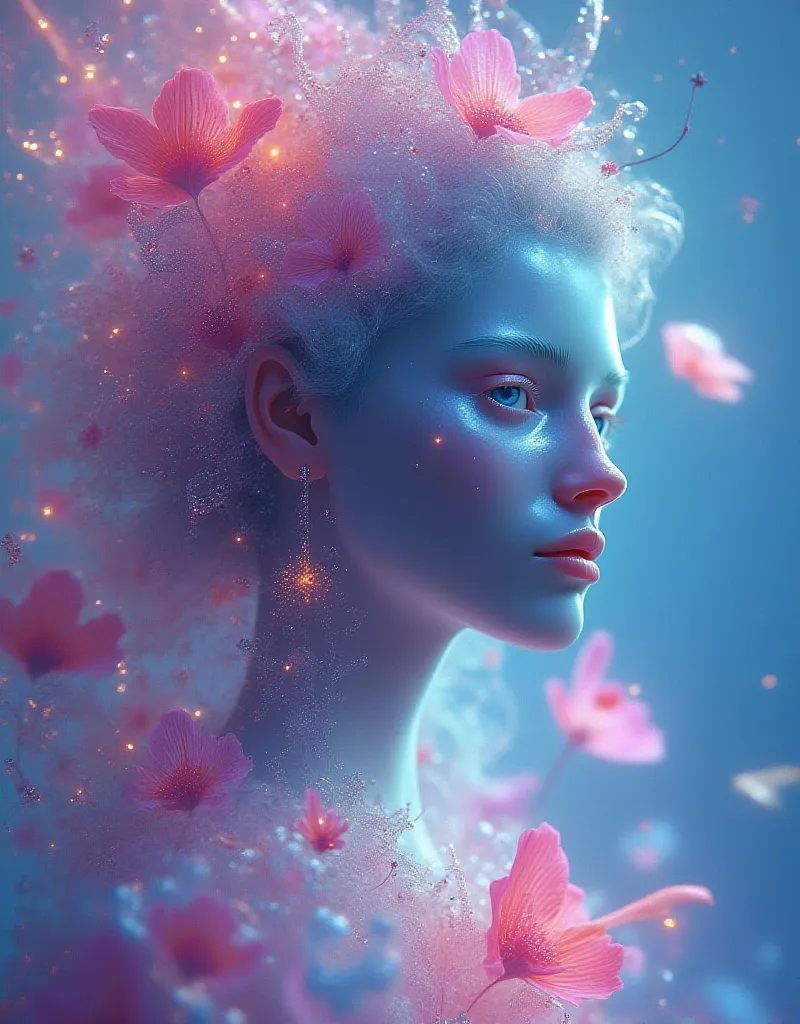 、 Beautiful profile with bright paleblue,pink,Flowers shine and dance in bright light、Colorful Top Details ( Fractal Art)