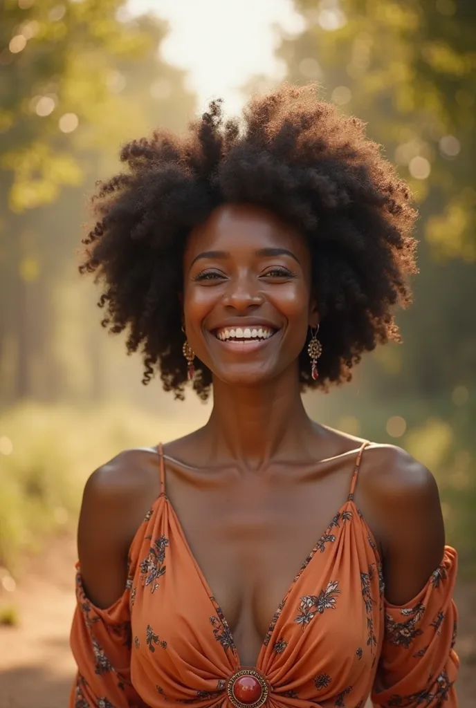 Happy black christian woman smiling looking forward,  afro hair, Open environment scenery with blurred trees in the background, wearing quadrangular gospel church outfit. 