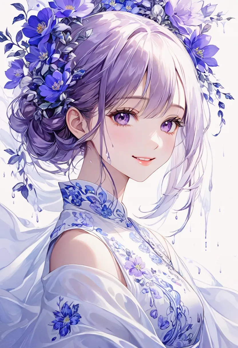 ( perfect anatomical structure )    wearing a white silk china dress and blue embroidered flowers are beautiful、 A beautiful girl has a beautiful face and a kind smile .  The artistic concept of the digital art illustration 、 is a simple, abstract, light b...