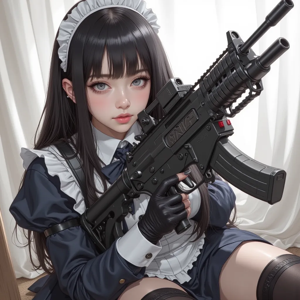 (she has a machine gun:1.5),Japanese woman wearing maid clothes and holding a big machine gun、, 1 girl ,  Take a Closer Look, Seductive Smile, Contempt/ angry gaze , blue eyes,heavy makeup,(full body)、
On the battlefield、

 Anime Girl, 現実の   Anime Girl, Bo...