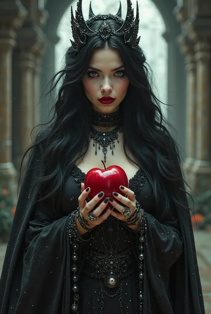 chica,long black hair，black queen，accessories，apple in hand，Poisoned Apples，witch queen，red lipstick