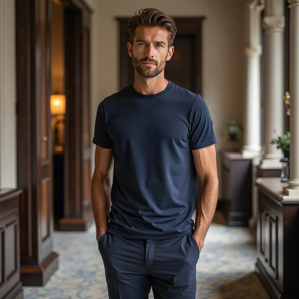 An ultra-HD hyper-realistic full-length studio photograph of a male model wearing a stylish, well-fitting navy blue Egyptian cotton unpatterned t-shirt with a slim crew neck and tailored trousers and fashionable white sneakers. The setting features a luxur...