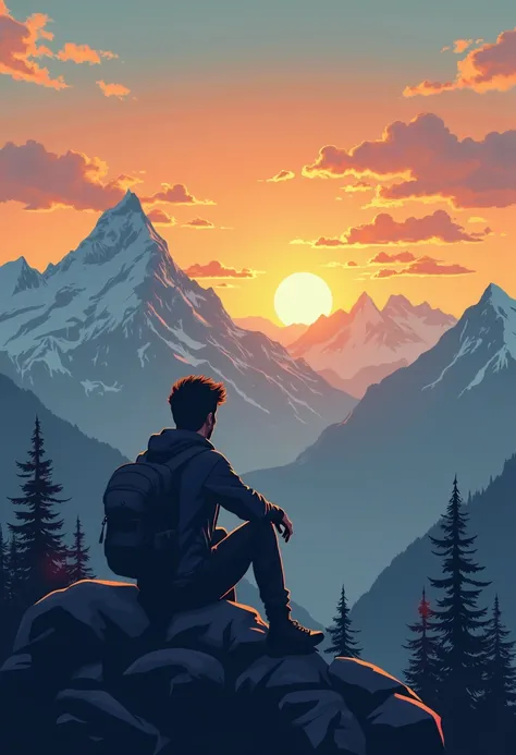 Vector illustration A man with a backpack sits against a background of mountains and watches the sunset.