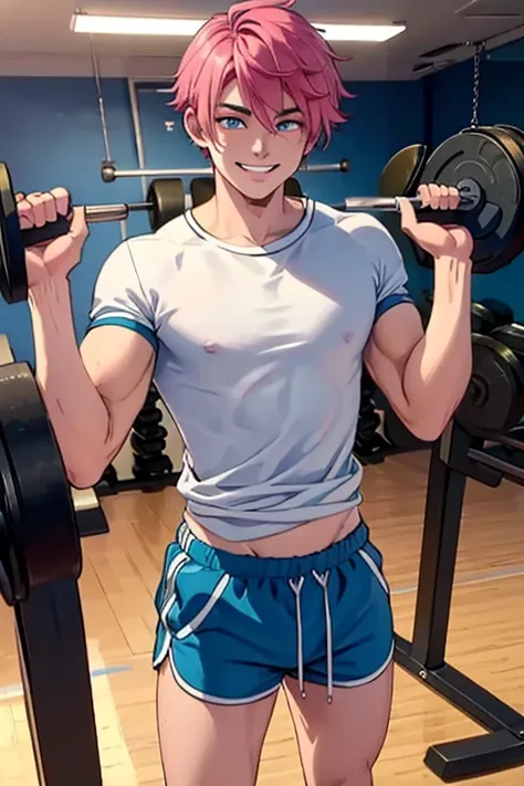 Perfect face. Perfect hands. A neon pink haired man with bright blue eyes in a tight t-shirt and shorts is smiling while working out in the gym
