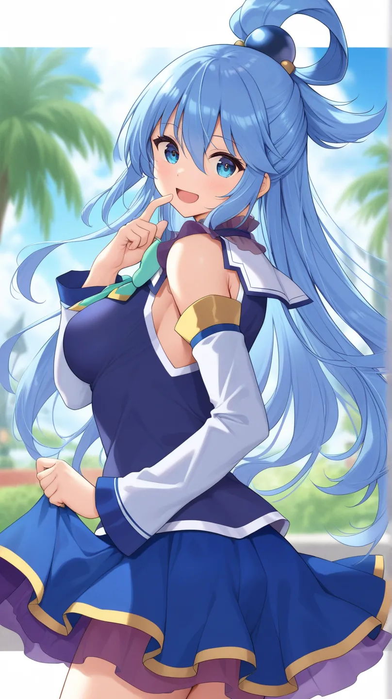 aqua (konosuba) blue eyes, blue dress, blue skirt, turquoise ribbon, sleeveless, White long sleeves,
