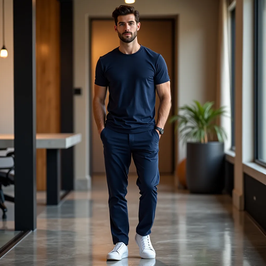 An ultra-HD hyper-realistic full-length studio photograph of a male model wearing a stylish, well-fitting navy blue Egyptian cotton unpatterned t-shirt with a slim crew neck and bege tailored trousers and fashionable white sneakers. The setting features a ...