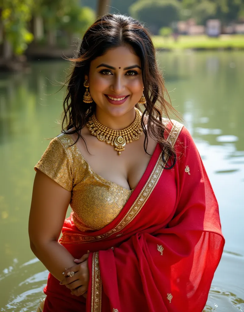 Beautiful sexy thick indian woman, wearing traditional Indian saree with jewelleries, sexy red bridal saree, with sexy golden blouse, sexy attractive curvy woman, huge breast, downblouse, cleavage, beautifull attractive curvy woman, seductive look, highly ...