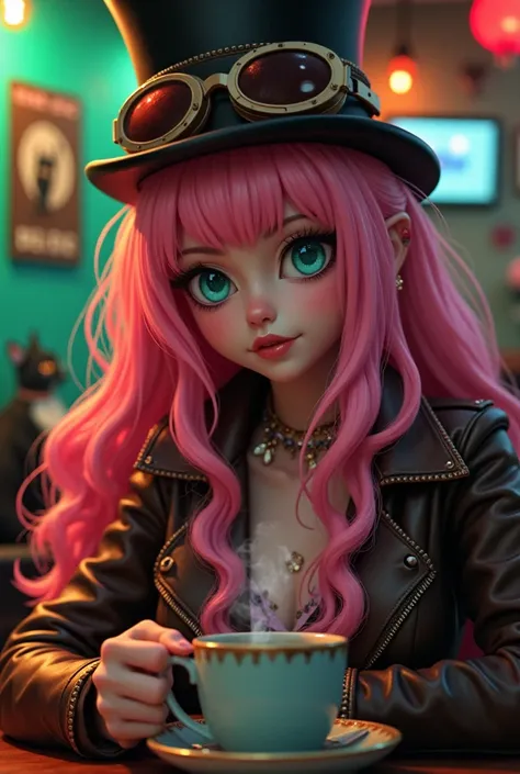 emerald green and red gradient background、old cafe 、Femboy's long pink hair,Blue eyes blink as they wear brown riders leather jackets、With an ecstatic look、green eyes。 Drink steaming coffee、A fusion of tattoo steambank and rock
Top Hat Goggles High Definit...