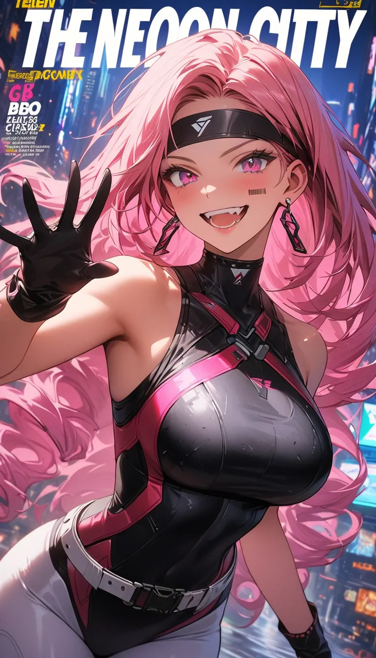 (beautiful girl : 1.3),1 girl,( black competitive swimsuit,turtleneck,White leggings,headband,earrings,belt,harness,Long gloves, Bbo~,Assault rifle),Pink hair,Drill Hair,Forehead,barcode tattoo on cheek,crazy smile,Reckless attitude,Evil face,Provocative a...