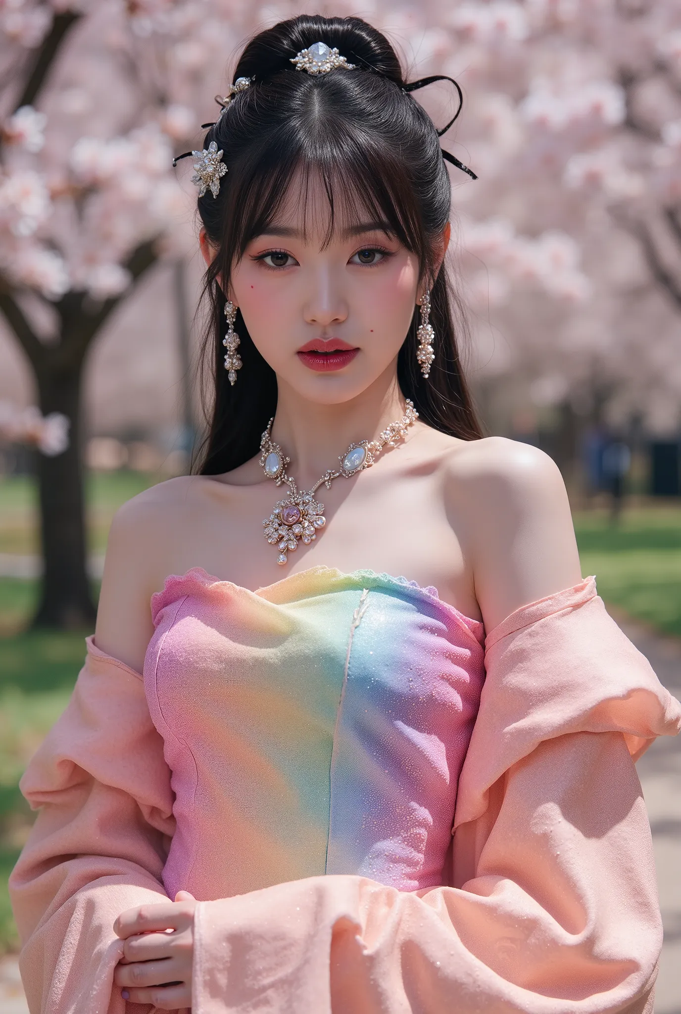 (Full Body), A luminous Korean beauty from ancient dynasties (221 BCE - 220 CE) stands majestically against a outdoor cherry blossom background, her vibrant raibow twotone Wuxia attire radiating an otherworldly aura. David Lachapelle's lens captures the fr...