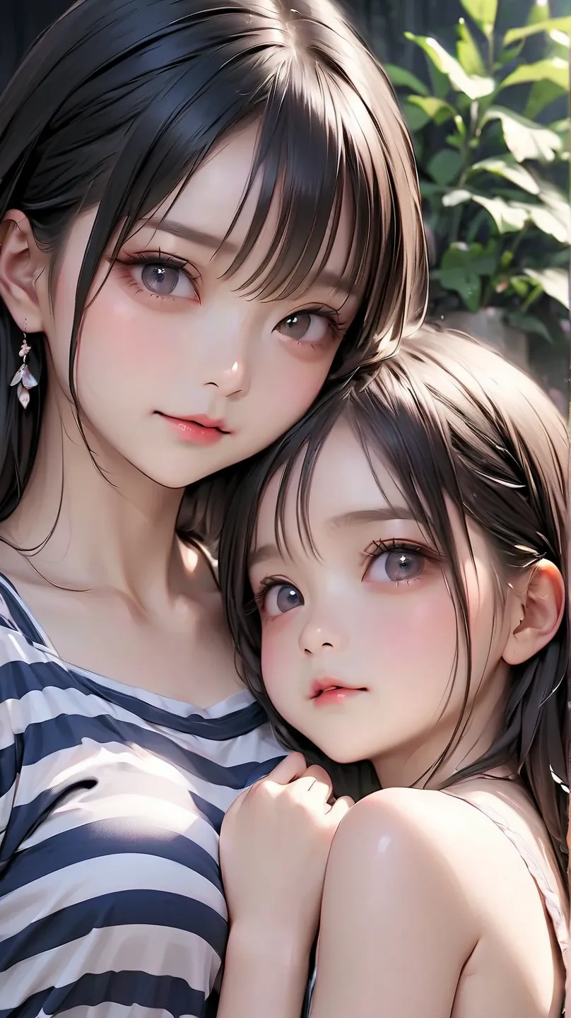 real、 Hair、 2 pretty girls、(Top Quality), 4K, High Resolution, masterpiece)、  ( small face:1.8, ),  beautiful eyes、Delicate eyebrows, Delicate Lashes, Slim System、ワンピースを着た女の子が後ろの女の子に pantsを降ろされる、Stripes on legs々 pants、high image quality、Top Quality、 realis...