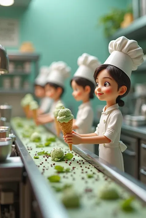 A group of miniature chefs crafting mint chocolate chip ice cream in a tiny kitchen, with a conveyor belt of mini cones waiting to be filled.