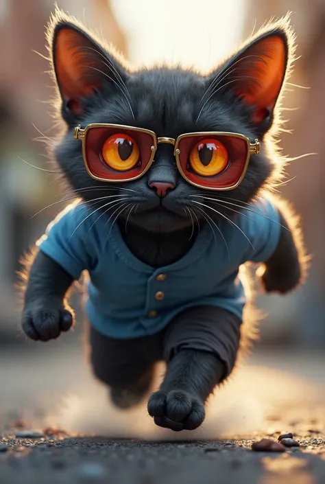 a slightly muscular black cat with honey colored eyes wearing disney3D style glasses with a blue shirt and black pants running
