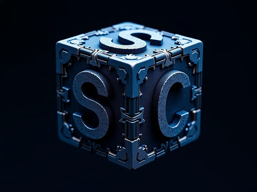 Make a cube, with dark blue details, and on the sides the letter (Sc) is written in an ultra detailed style, the letter Ne is in the middle of the cube, the letter (Sc) is ultra detailed with ancestral markings, and all sides show the letter (Sc), the (Sc)...