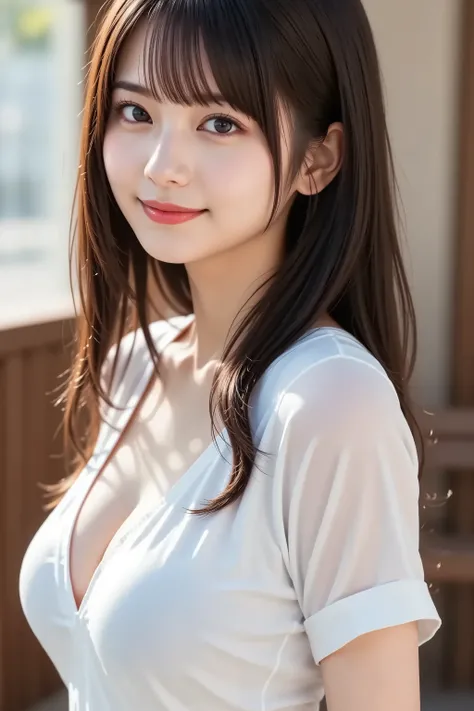 above shoulder, A state where the face is accurately positioned in the center of the image, upper breast, fully reflects the entire head, Face clearly visible, policewoman, Police vehicles, long hair, bungs, smile, young and cute japanese face, Official Ar...