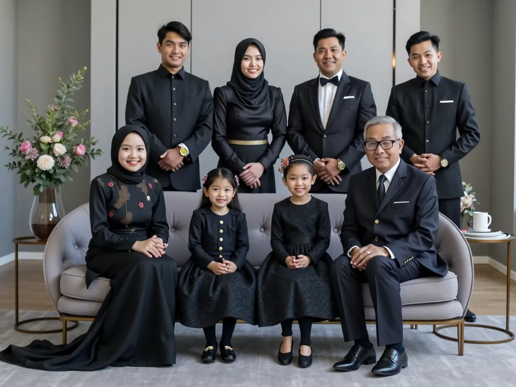 A beautifully composed studio photograph of an Indonesian family of eight members. The parents, aged 80, are sitting on a chair, mother is wearing a modern hijab inside and a luxurious black Muslim dress, while the father is dressed in a black formal suit....