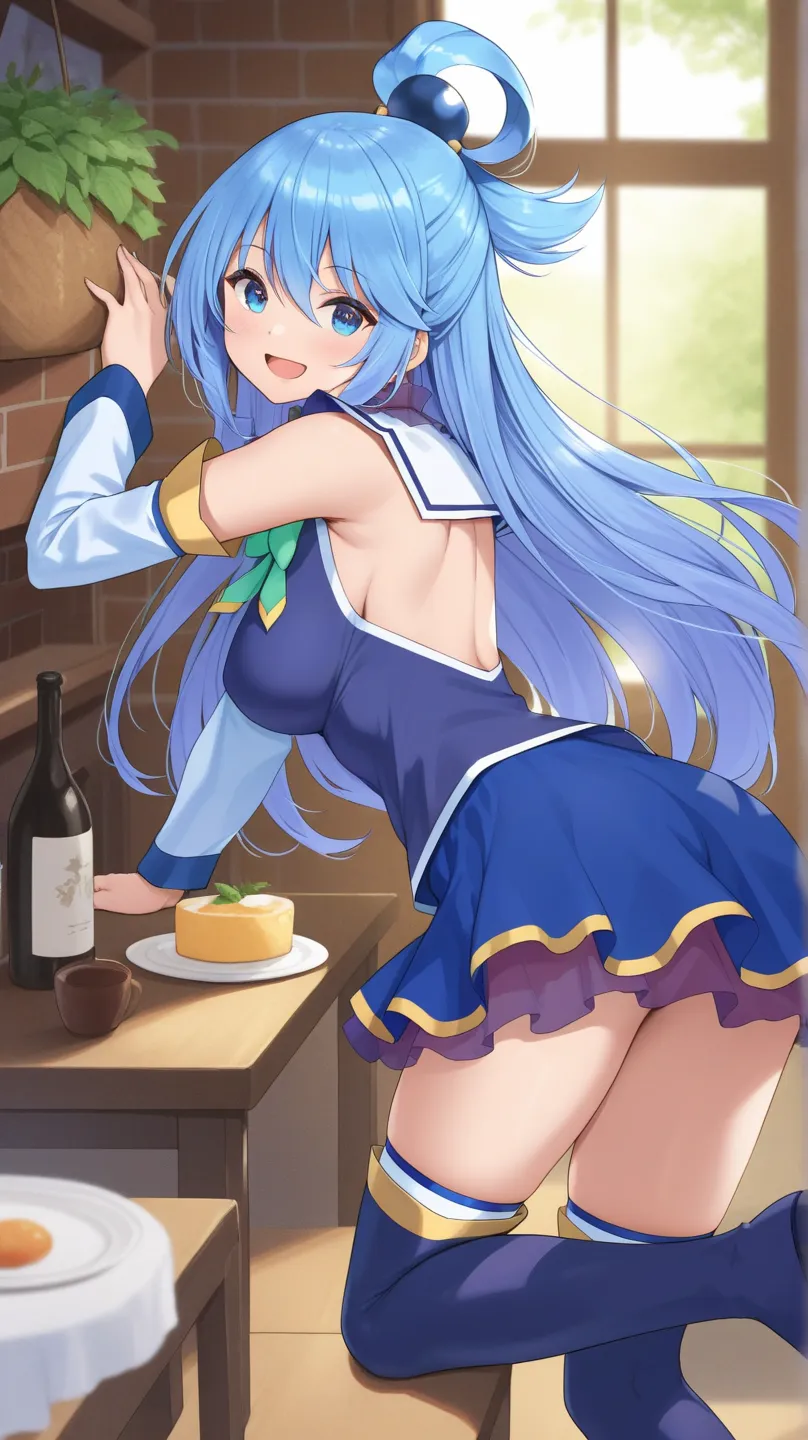 aqua (konosuba) blue eyes, blue dress, blue skirt, turquoise ribbon, sleeveless, White long sleeves,
