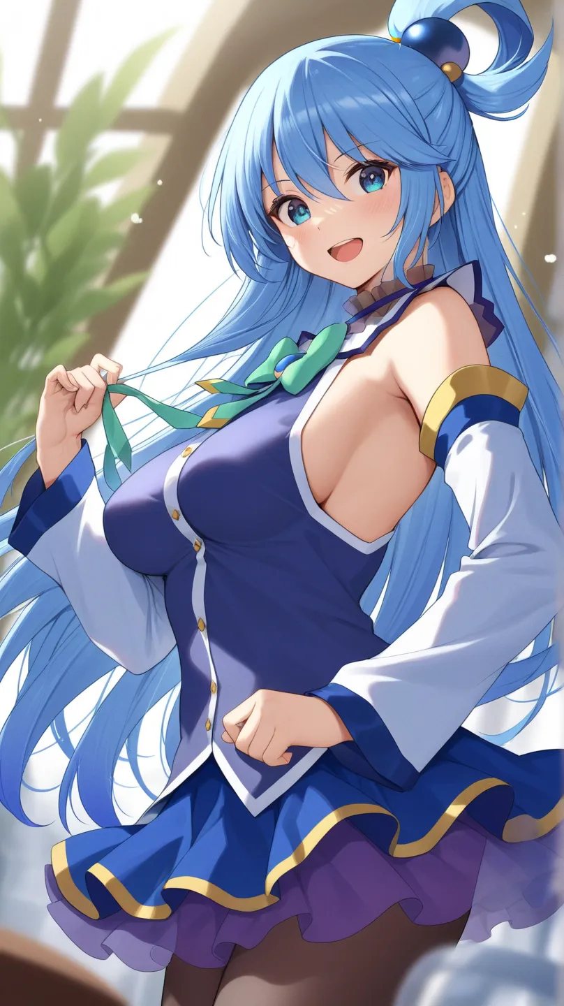 aqua (konosuba) blue eyes, blue dress, blue skirt, turquoise ribbon, sleeveless, White long sleeves,
