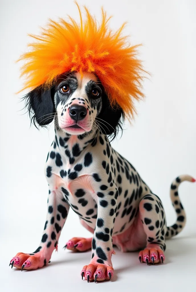 A multicolored Dalmatian dog, high, nails with pink pattern, furry male, Afro orange hair, fondo blanco, full body 