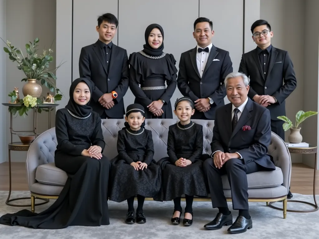 A beautifully composed studio photograph of an Indonesian family of eight members. The parents, aged 80, are sitting on a chair, mother is wearing a modern hijab inside and a luxurious black Muslim dress, while the father is dressed in a black formal suit....