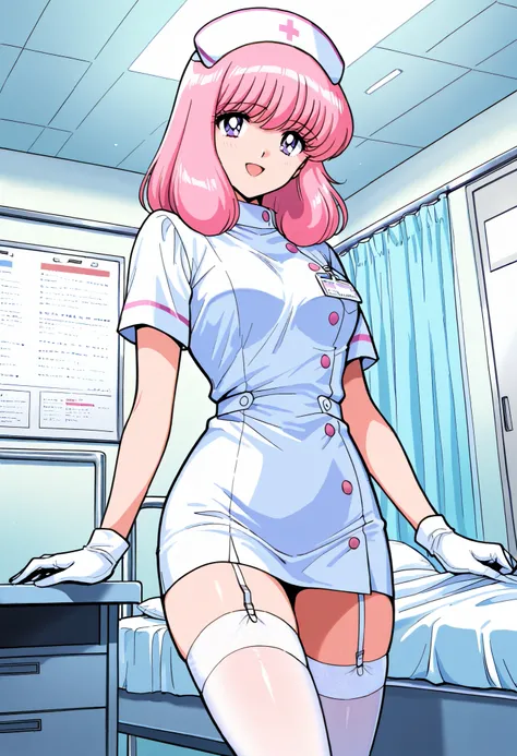 Score_9, score_8_up, score_7_up, source_anime, nakajima_noriko, solo, medium hair, pink hair, purple eyes, (best quality), (high quality), {masterpiece}, extremely delicate and beautiful, ultra-detailed, beautiful detailed eyes, nurse, nurse hat, ((white n...