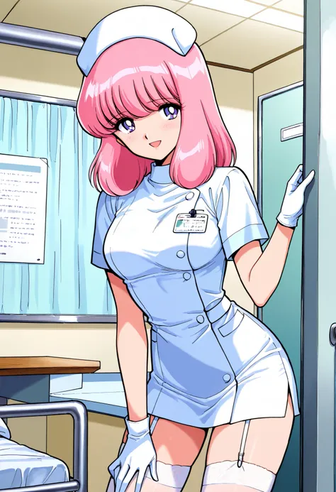 Score_9, score_8_up, score_7_up, source_anime, nakajima_noriko, solo, medium hair, pink hair, purple eyes, (best quality), (high quality), {masterpiece}, extremely delicate and beautiful, ultra-detailed, beautiful detailed eyes, nurse, nurse hat, ((white n...