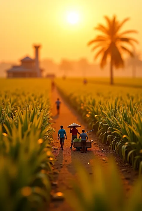 :
Tiny farmers harvesting giant sugarcane stalks in a vast golden field. Some figures are using tiny machetes to cut cane, while others carry it on small carts heading towards a miniature factory in the background. The atmosphere is warm as the sun sets, r...