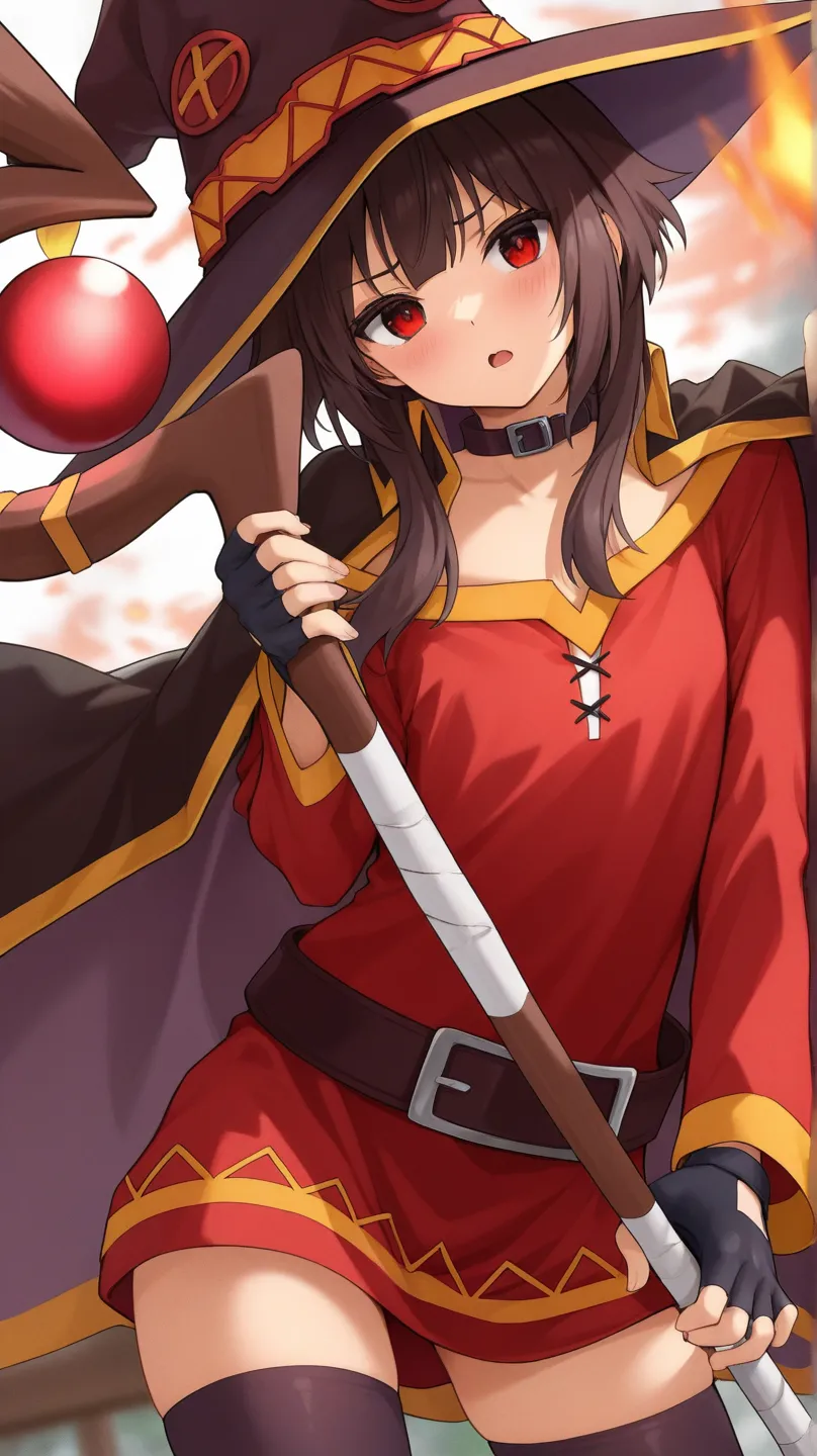 megumin, umber hair, long sideburns, red eyes, red shirt, long sleeve, witch hat, black capelet, fingerless gloves,
