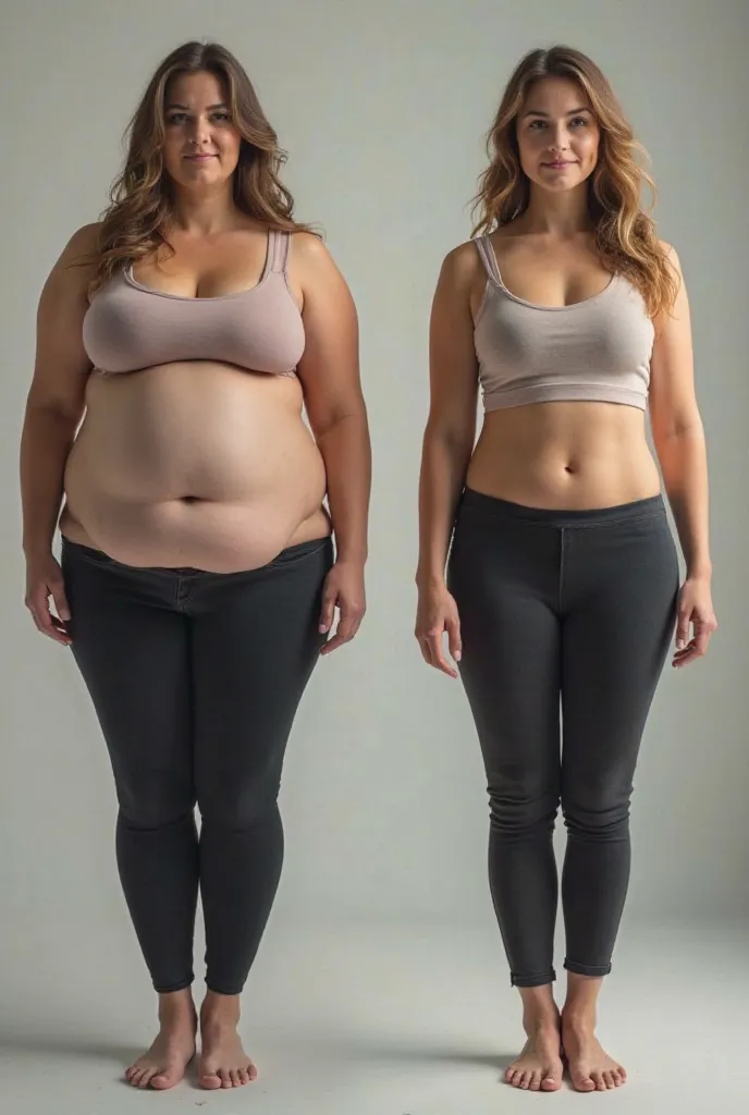 Realistic woman, natural(Looking like a cell phone camera photo), fat and then thin, before and after