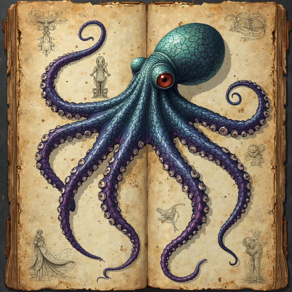 A fantastic and detailed Protoctopus, with elongated and sinuous tentacles, and a siphon longer than usual, combining a touch of realism with elements of traditional bestiary. The colors are vibrant but with natural shades, like deep blues, intense purple ...