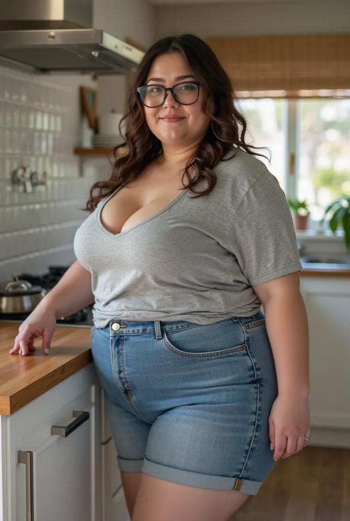 I am 30 year old plus size tall and big giant woman, wearing a grey low-tanl top ,and blue short jeans, white-skin,white skin tone, dark brown slickback ponnytail, clean skin, wearing glasses, sport shoes, thick legs, round ass,bulging ass,huge breast, sid...