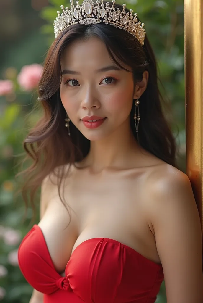 Realistic photography. Realistic. Up close. Very close. Skin contour details. A very beautiful white-skinned Asian woman, Wearing a very large diamond crown, Wearing a red tube top, super big breasts, plump breasts, very big breasts, .Eyes glance at the ca...