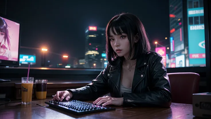 A cyberpunk gothic futuristic girl sitting in front of a computer, typing on a keyboard with a focused expression. She wears a black leather jacket, a band t-shirt, dark makeup, and metal accessories. Her black hair with purple tones reflects the surroundi...