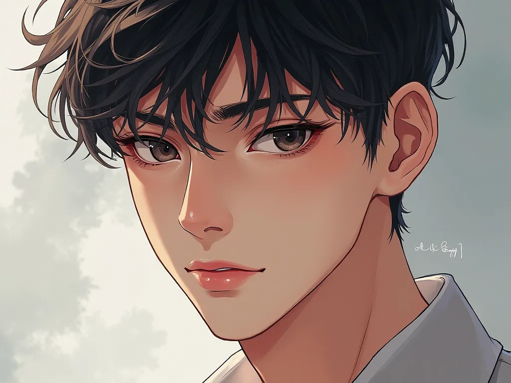 AI Pic Prompt: : {{{best quality}}}, {1boy}, depth of field, beautiful detailed eyes, {game cg}, angular face, handsome guy, angular face, adult, watercolor on paper, {{{{{{2024 manhwa style}}}}}}, beautiful, sexy, {{{{perfect eyes}}}}, attractive, short h...