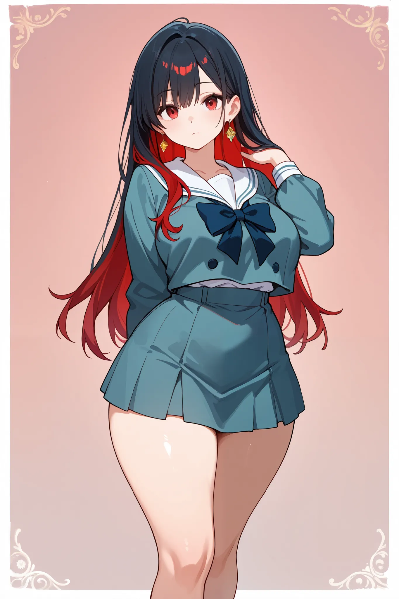 1 girl, Hair length reaches the back, Black hair with some red hair on the edges., red eyes, but not bright, curvy body, wear a sexy school uniform, หน้าอกไซส์ปานกลาง, have a golden earrings