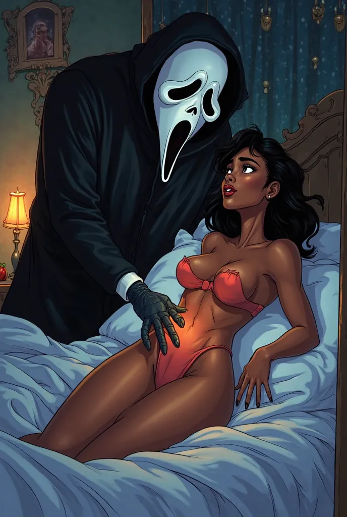 A chillingly erotic scene where Ghostface, the infamous antagonist from the Scream franchise, has invaded the animated world of the Disney princess Tiana from "The Princess and the Frog." In a darkened bedroom, a stark contrast to Tiana's usual vibrant New...