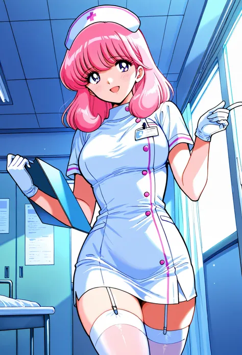 Score_9, score_8_up, score_7_up, source_anime, nakajima_noriko, solo, medium hair, pink hair, purple eyes, (best quality), (high quality), {masterpiece}, extremely delicate and beautiful, ultra-detailed, beautiful detailed eyes, nurse, nurse hat, ((white n...