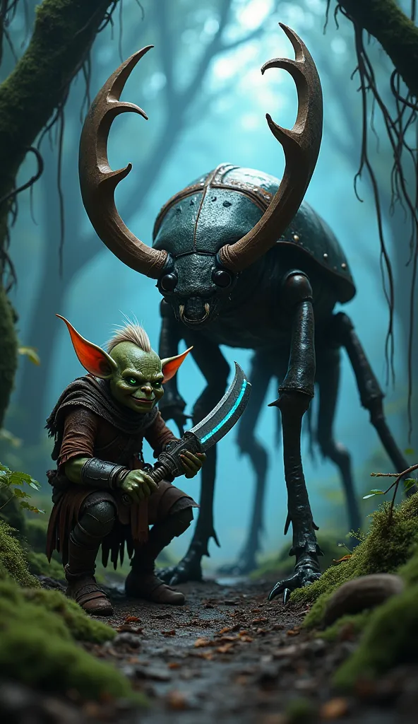 Foreground (Goblin Rogue):

The mischievous goblin is positioned slightly to the left of the frame, crouching low on the forest floor. His ragged leather armor is textured with dirt and scratches, showing signs of wear and tear.

His glowing green eyes are...