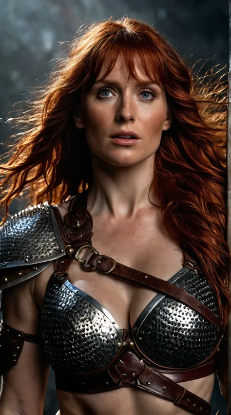 bryce dallas howard, fantasy barbarians, red sonja, chainmail style bikini armor, exhausted, messy hair, sweat, dramatic lighting,realistic, 8K, high detailed portrait of bryce dallas howard as red sonja, fantasy barbarian warrior with chainmail style biki...