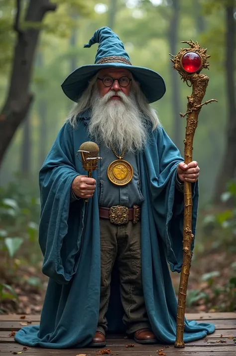 Um Mago de Barba Curta, medallion with a cloak in shades of blue, a large gold medallion, with an old, crooked golden staff with a red stone on top, a wizard's hat like the long, crumpled Harry Potter hat, shirt with glasses, on a wooden platform in the mi...