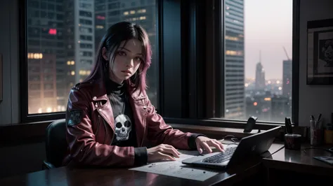  Detailed anime-style digital illustration ,  with a dark, urban vibe . One with a heavy metal look is sitting at a table,  typing on a computer keyboard decorated with skull stickers and gothic symbols. Her face is visible ,  with a serious and concentrat...