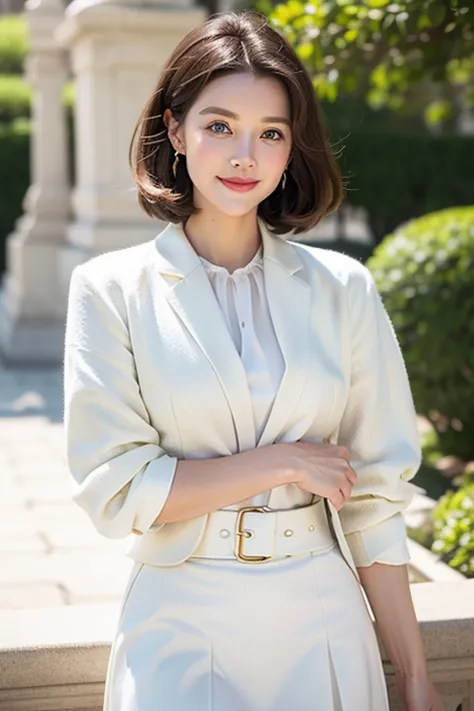 ((Western garden in a clear daytime))。 ((Grace Kelly))、Hollywood Actresses、The Duchess of Monaco、blond with a big face、 small 、 slender。 A neat white summer jacket and a neat white skirt 。((gently stares at the camera、 Smile))