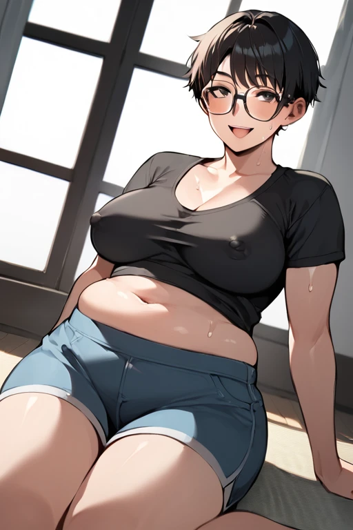 score_9, score_8_ up, score_7_ up, score_６, score_5_ up, score_4_ up，  source_ anime，nsfw，uncorrected，Iraco  _Cane, 1 girl, alone, Low body，Chest for Men，boob head，smile, short hair, large Chest for Men, belly button, Chest for Men元, Long sleeve T-shirt, u...