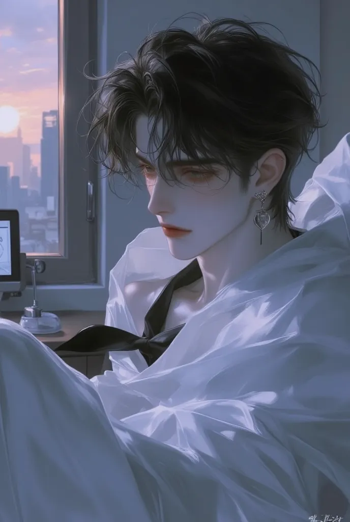 Black hair, black eyes, handsome, wearing patient gown, background Hospital single room, windowed, sunset, vague look, shy, sad, mature, setting down,  Attractive, big eyes, under a blanket, struggling, sad face, a slightly surprised look, grow up, cold-he...