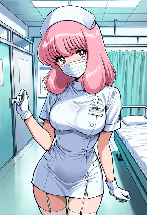 Score_9, score_8_up, score_7_up, source_anime, nakajima_noriko, solo, medium hair, pink hair, purple eyes, (best quality), (high quality), {masterpiece}, extremely delicate and beautiful, ultra-detailed, beautiful detailed eyes, nurse, nurse hat, ((white n...