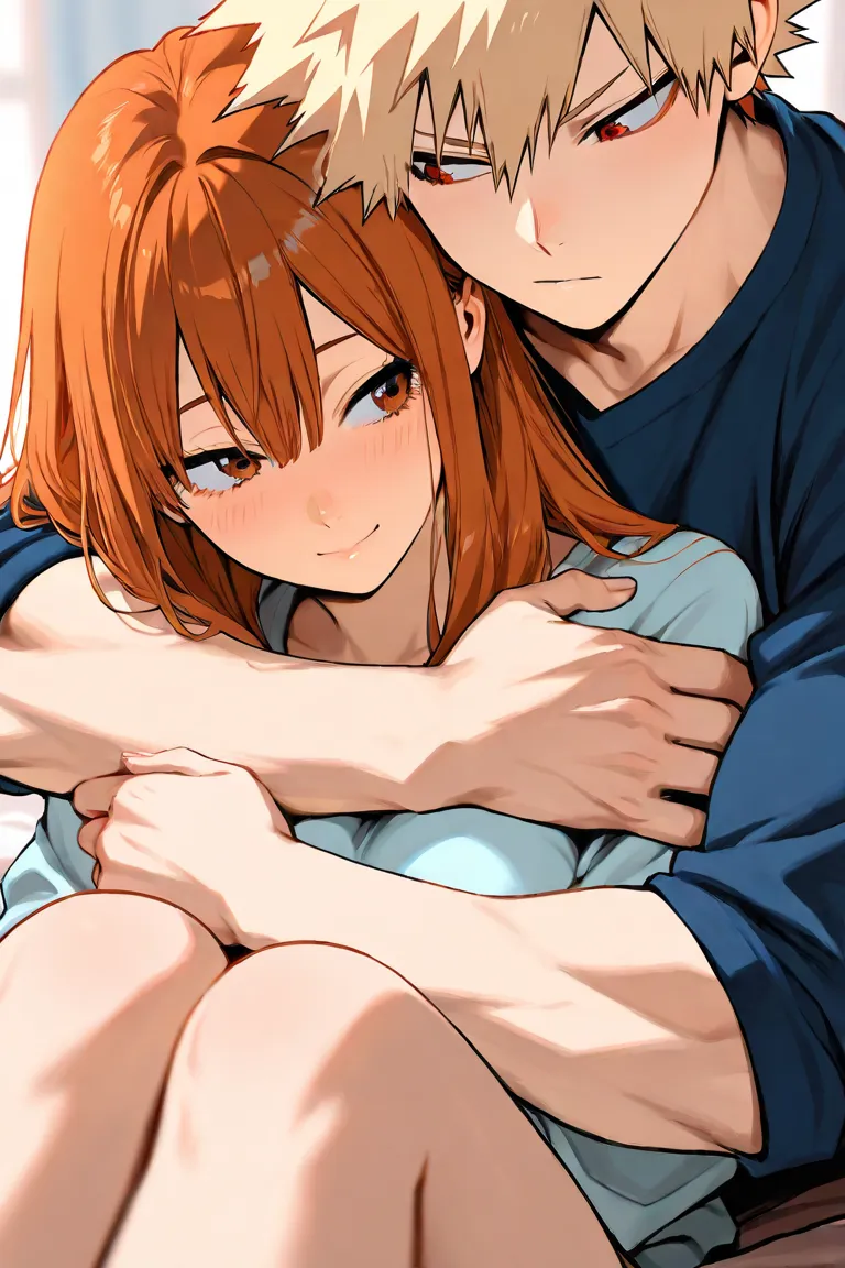 bakugo katsuki, girl with long auburn hair, couple, cute, ultra detailed, hug from behind