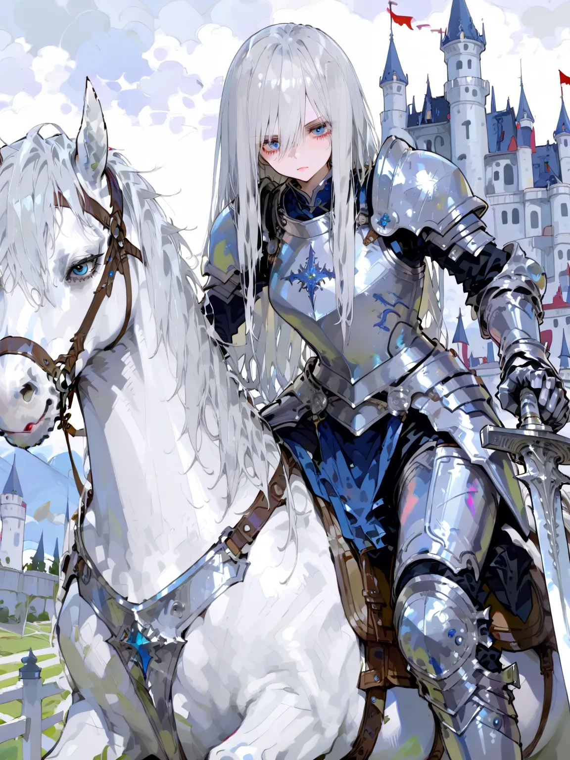 1 girl, long hair, silver hair, blue eyes, armor, silver armor, fighting on a white horse, plain, Western-style castle visible in the distance, holding a sword