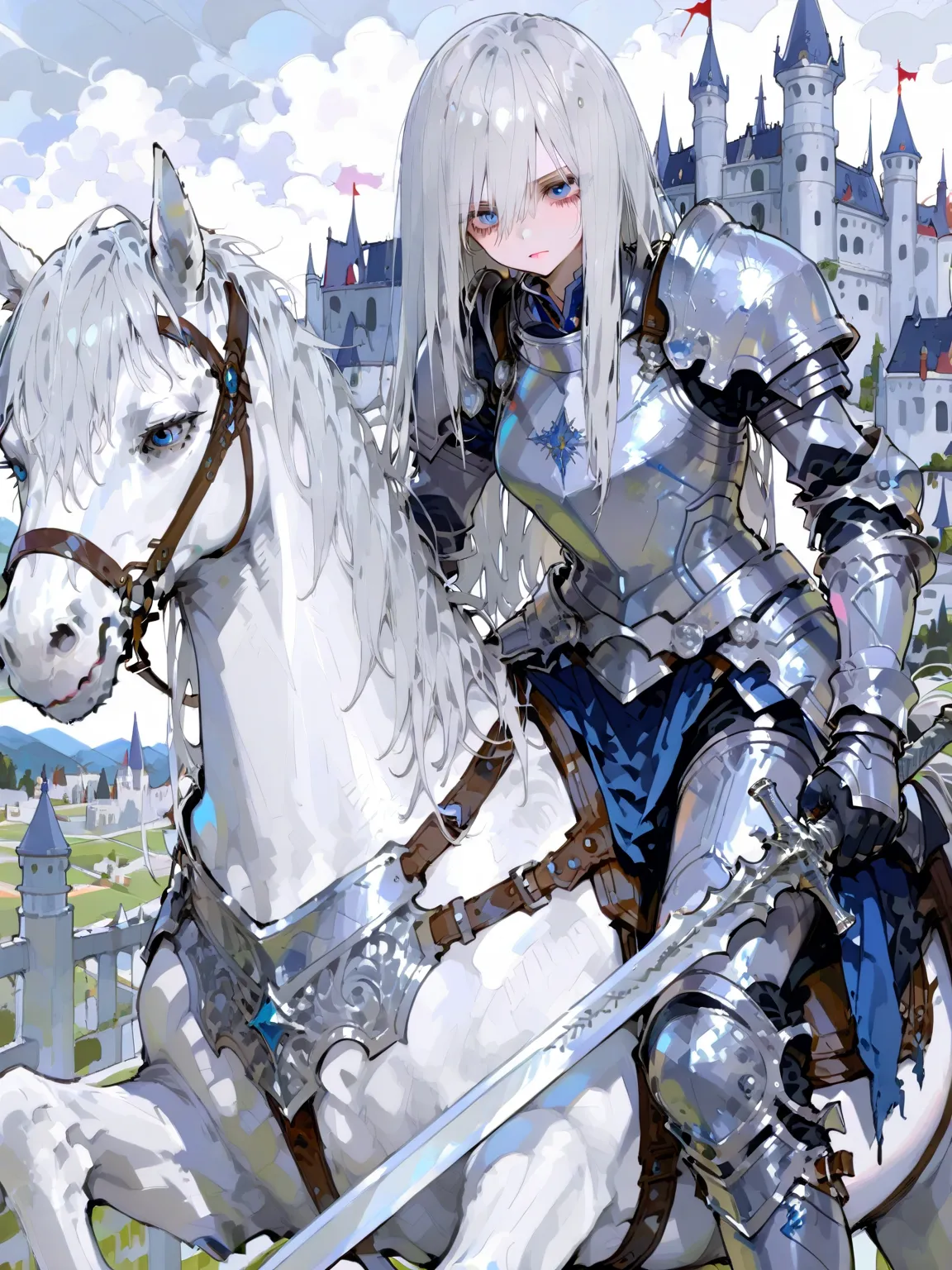 1 girl, long hair, silver hair, blue eyes, armor, silver armor, fighting on a white horse, plain, Western-style castle visible in the distance, holding a sword