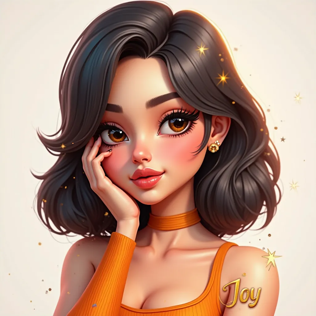 Stylish 3D cartoon female character, {young woman with medium-length dark hair, confident expression, lip piercing, long eyelashes}, wearing {orange top}, golden metallic text "Joy" at the bottom, glossy skin, subtle makeup, seductive pose with hand on fac...